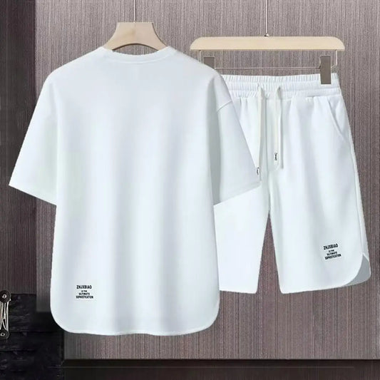 Men Activewear Set Men's Summer Casual Outfit Set O-neck Short Sleeve T-shirt Drawstring Waist Wide Leg Shorts Activewear Set