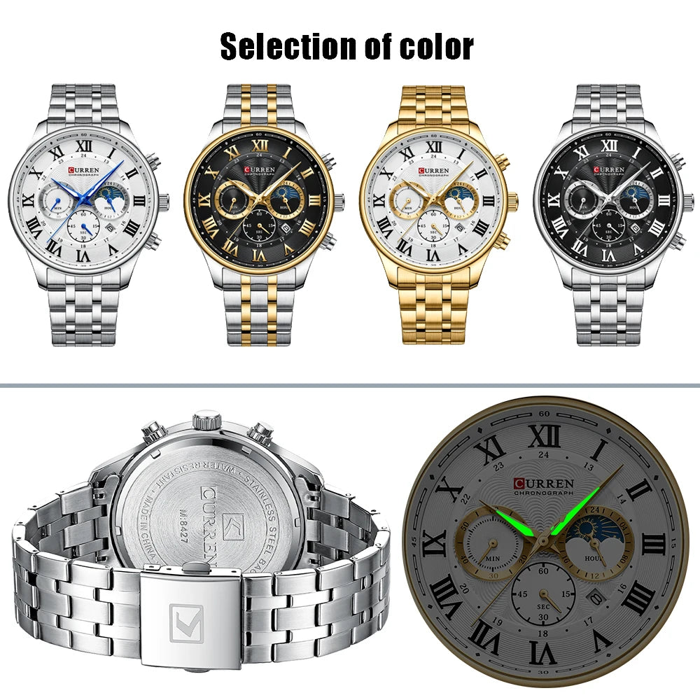 CURREN Fashion Sports Chronograph Wristwatches for Men Stainless Steel Strap Watches with Auto Date