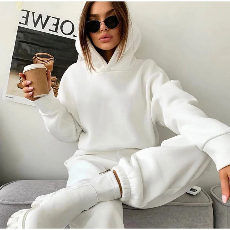 Autumn/Winter women's casual sports suit solid color hoodie for Female clothing Zippered hoodies Sport Trouser Two Piece Sets